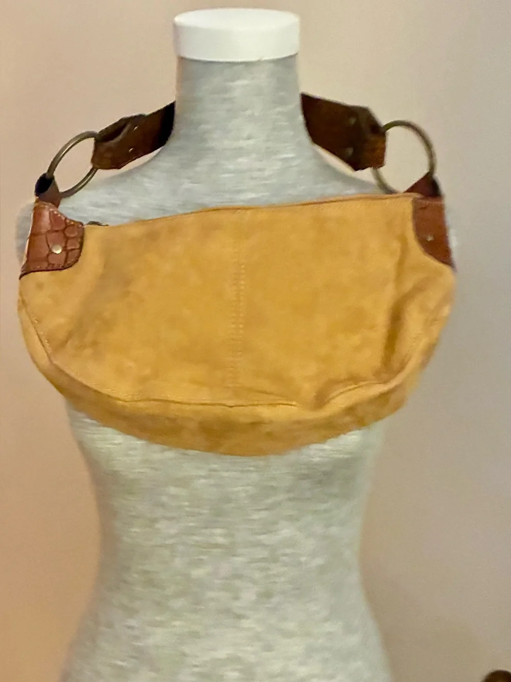 Small Suede Shoulder Bag in Tan with Brown Accents